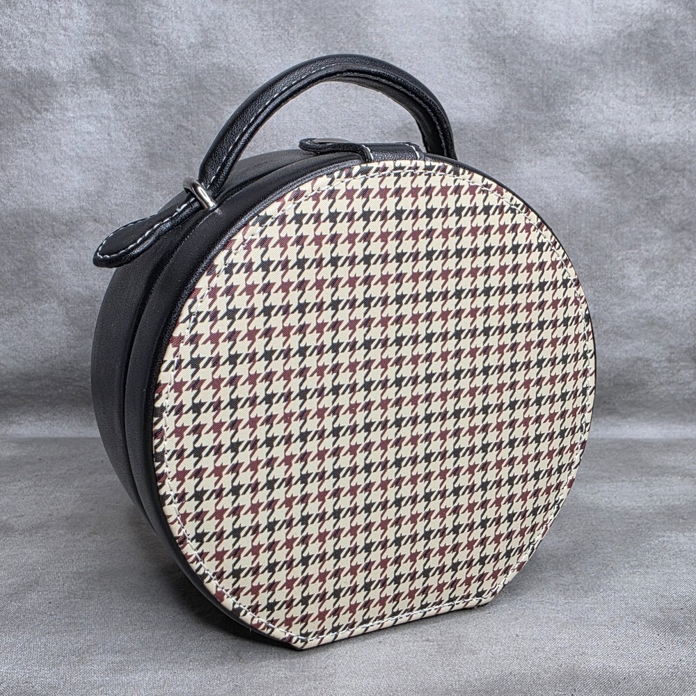 Vanity Jewelry Case Houndstooth Inset & Black‎ Leather Inside Mirror w/Pocket